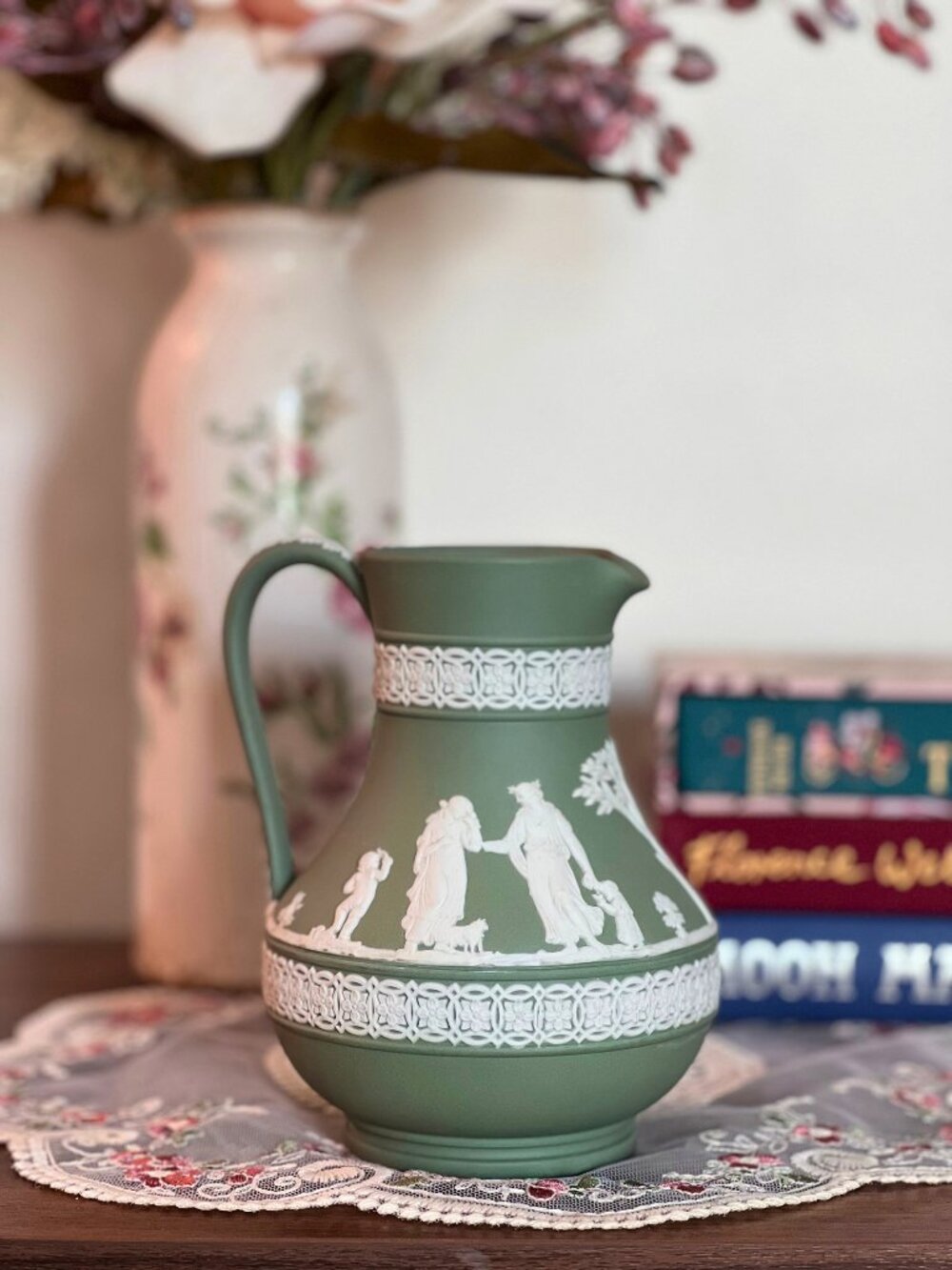 Vintage 1975 Wedgwood Sage Green Jasperware Pitcher
